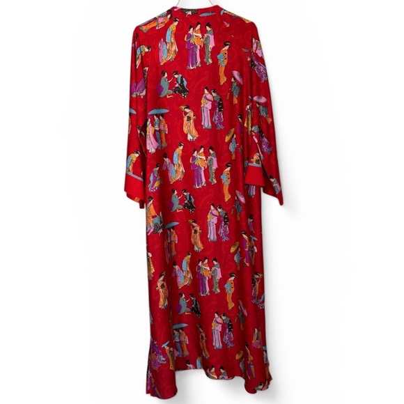 Natori Women’s L Red Poly-Satin With Colorful Figures Half-Zip Robe/Caftan - Picture 6 of 12